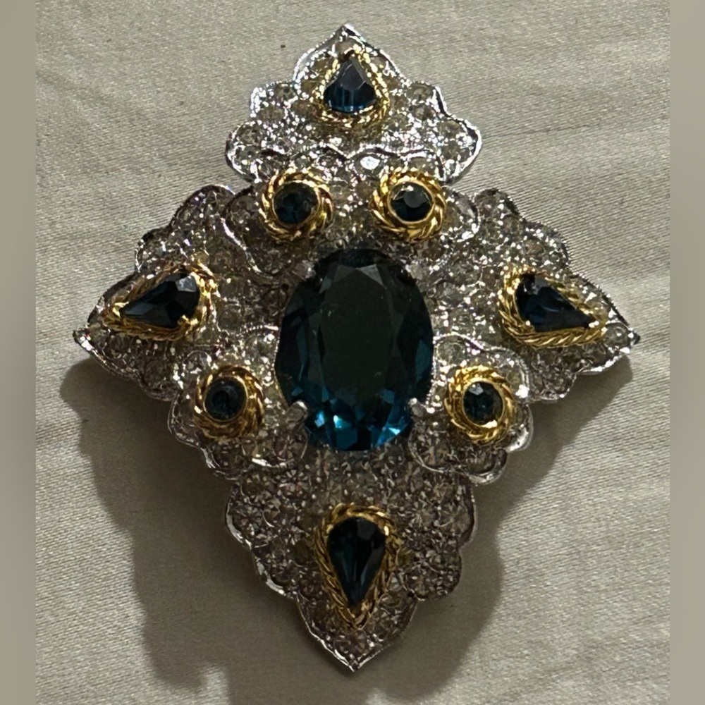 POLCINI Silver & Gold Tone Brooch W/Faceted Blue Center Stone